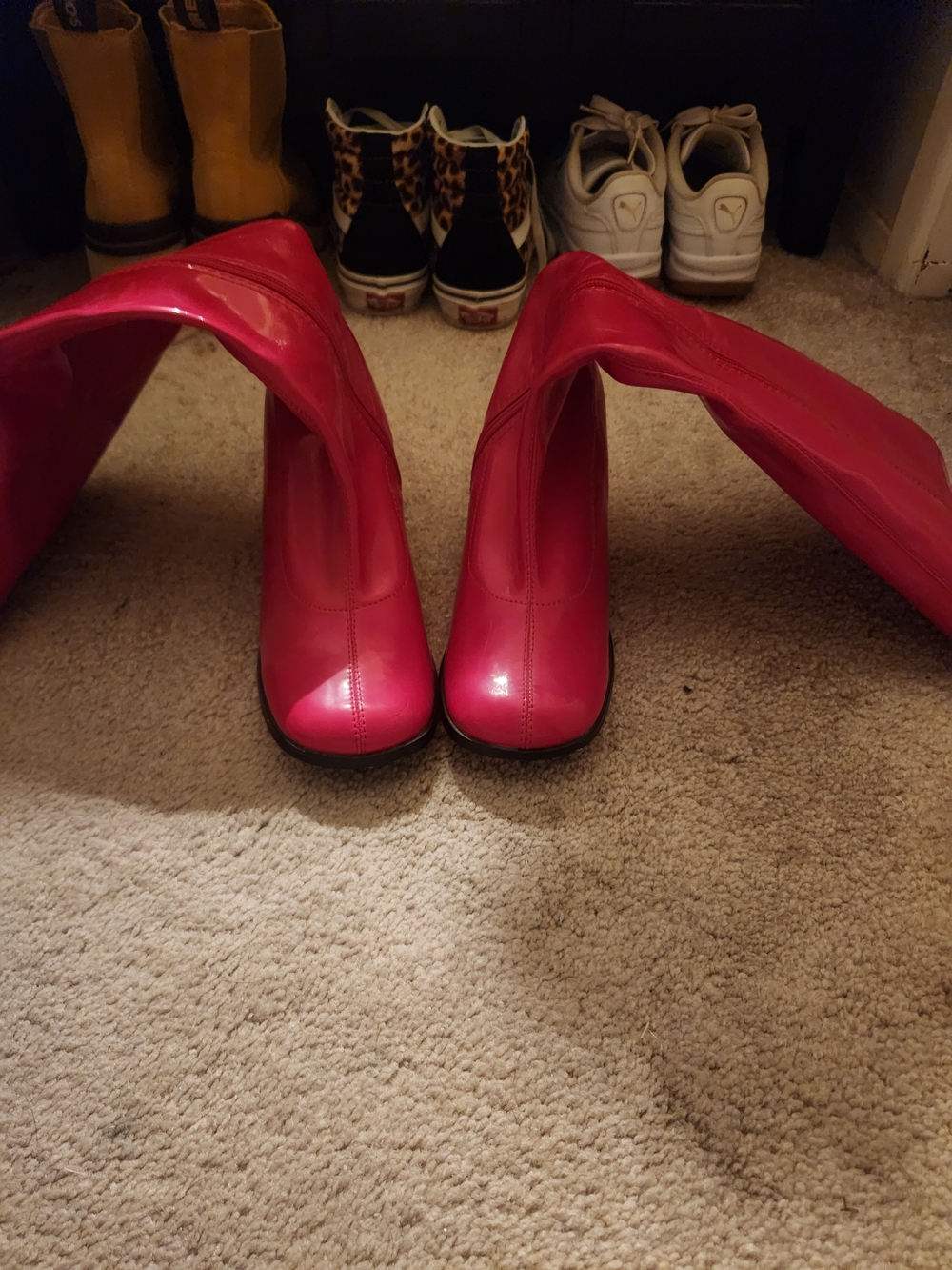 Women's Knee-High Heeled Boots in Red Leather